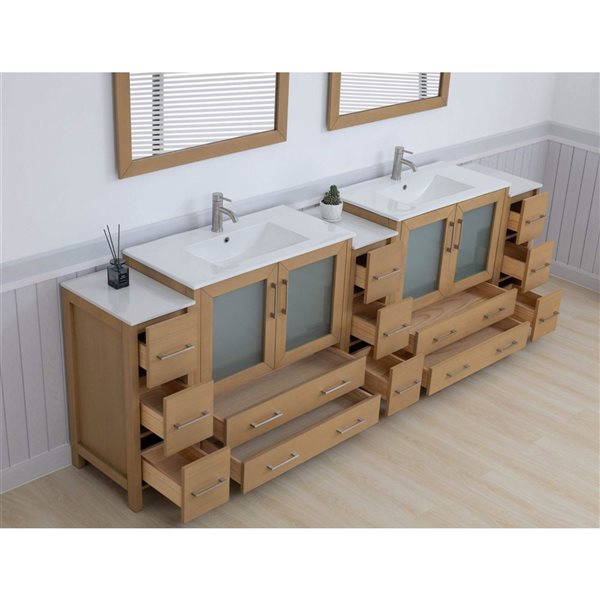 Vanity Art 108 x 18 x 36-in Natural Oak  Double Sink Bath Vanity with Ceramic Top and Mirror