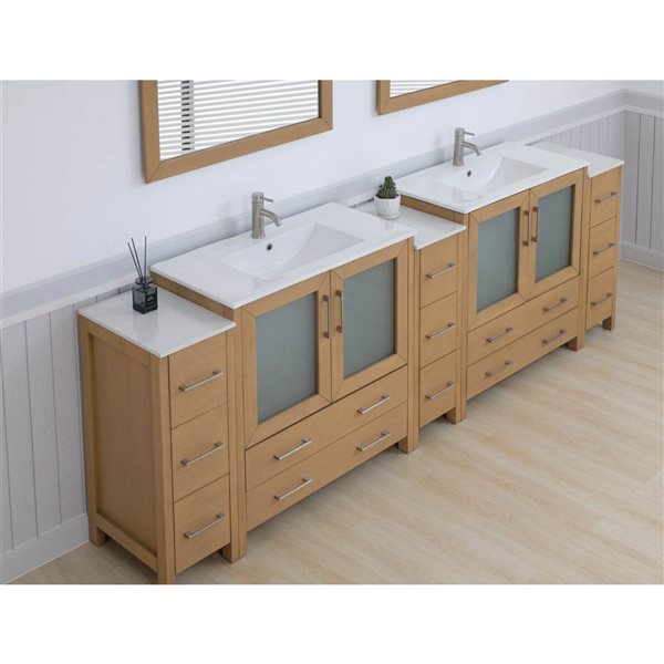 Vanity Art 108 x 18 x 36-in Natural Oak  Double Sink Bath Vanity with Ceramic Top and Mirror