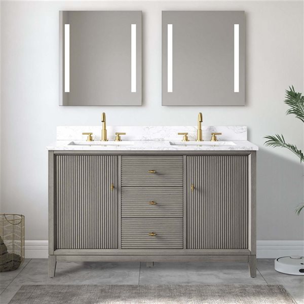 Vanity Art 54 x 22 x 38-in Driftwood Grey Double Sink Freestanding Bath Vanity with Engineered Marble Top