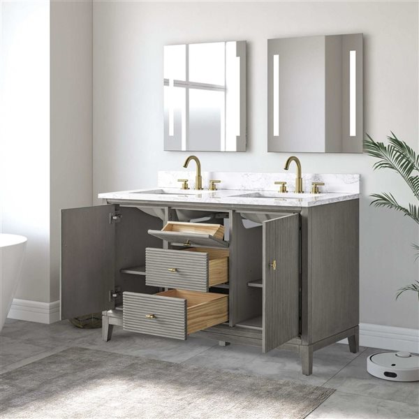 Vanity Art 54 x 22 x 38-in Driftwood Grey Double Sink Freestanding Bath Vanity with Engineered Marble Top