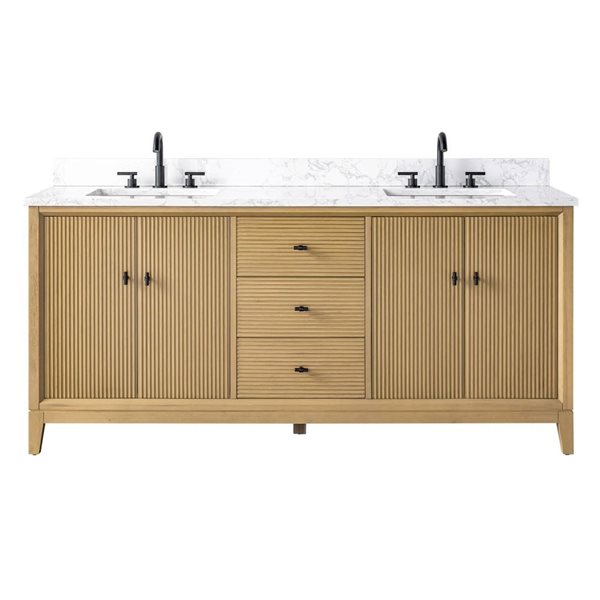 Vanity Art 72 x 22 x 38-in Natural Oak Double Sink Freestanding Bath Vanity with Engineered Marble Top