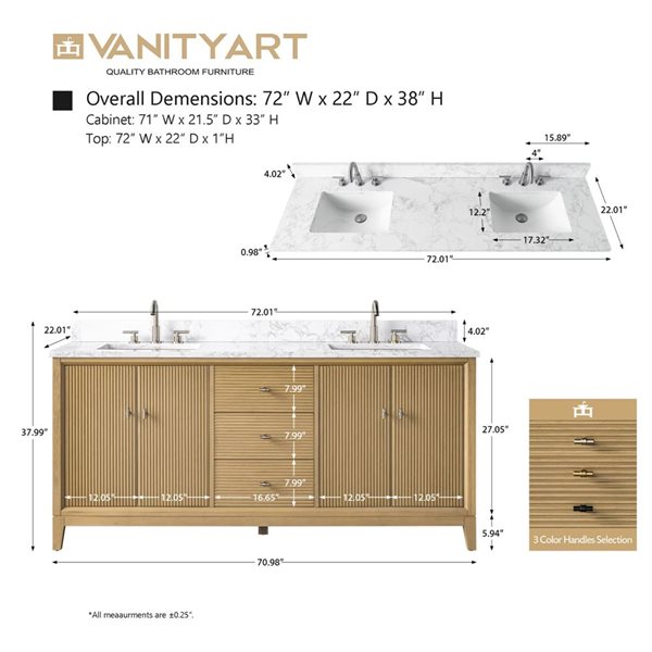 Vanity Art 72 x 22 x 38-in Natural Oak Double Sink Freestanding Bath Vanity with Engineered Marble Top