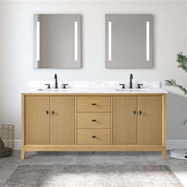 Vanity Art 72 x 22 x 38-in Natural Oak Double Sink Freestanding Bath Vanity with Engineered Marble Top