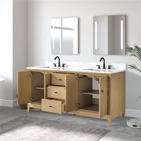 Vanity Art 72 x 22 x 38-in Natural Oak Double Sink Freestanding Bath Vanity with Engineered Marble Top