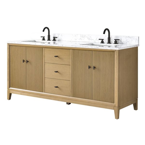Vanity Art 72 x 22 x 38-in Natural Oak Double Sink Freestanding Bath Vanity with Engineered Marble Top