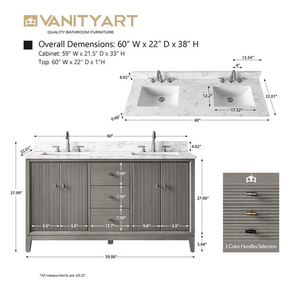 Vanity Art 60 x 22 x 38-in Driftwood Grey Double Sink Freestanding Bath Vanity with Engineered Marble Top