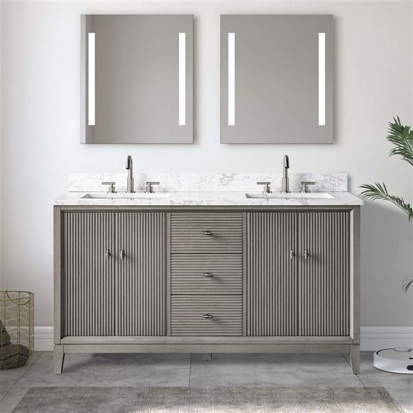 Vanity Art 60 x 22 x 38-in Driftwood Grey Double Sink Freestanding Bath Vanity with Engineered Marble Top