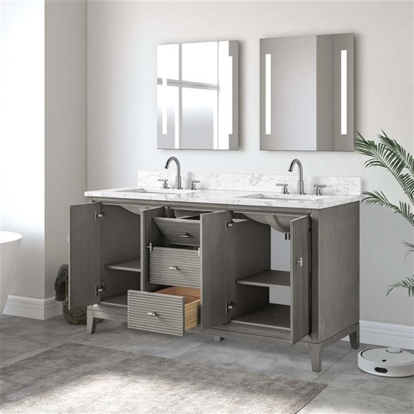 Vanity Art 60 x 22 x 38-in Driftwood Grey Double Sink Freestanding Bath Vanity with Engineered Marble Top