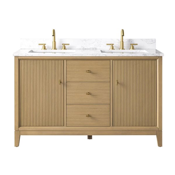Vanity Art 54 x 22 x 38-in Natural Oak Double Sink Freestanding Bath Vanity with Engineered Marble Top