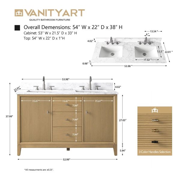 Vanity Art 54 x 22 x 38-in Natural Oak Double Sink Freestanding Bath Vanity with Engineered Marble Top