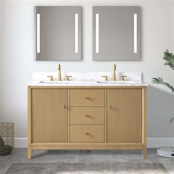 Vanity Art 54 x 22 x 38-in Natural Oak Double Sink Freestanding Bath Vanity with Engineered Marble Top