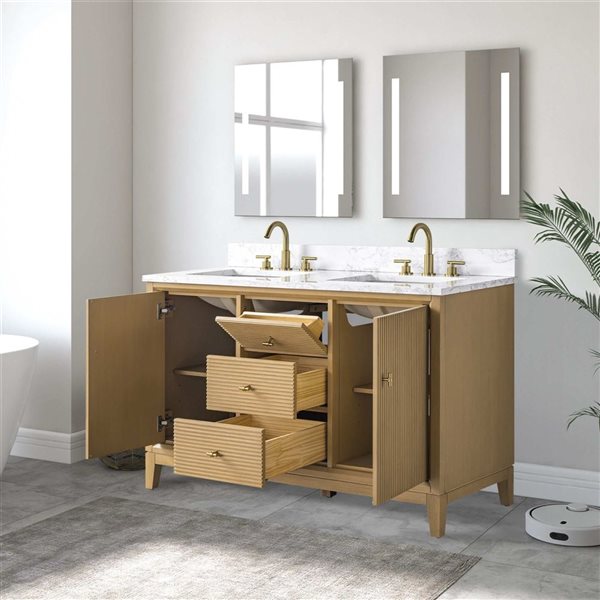 Vanity Art 54 x 22 x 38-in Natural Oak Double Sink Freestanding Bath Vanity with Engineered Marble Top