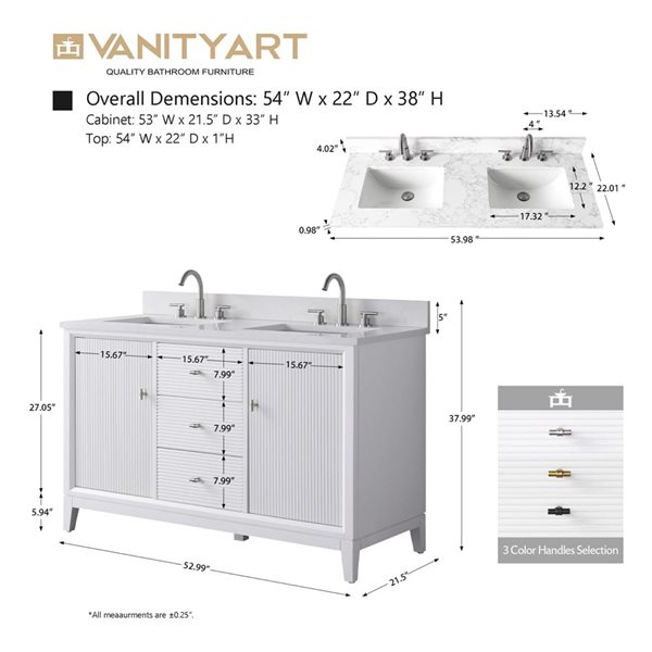 Vanity Art 54 x 22 x 38-in White Double Sink Freestanding Bath Vanity with Engineered Marble Top
