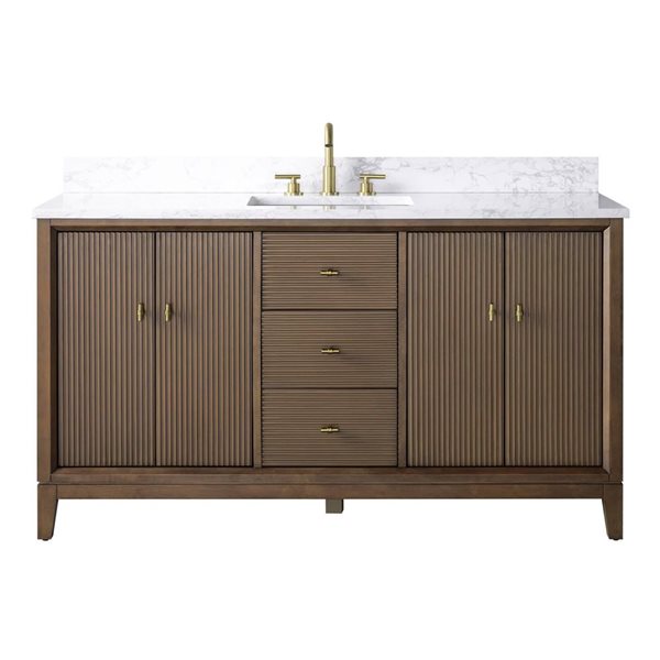 Vanity Art 60 x 22 x 38-in Walnut Single Sink Freestanding Bath Vanity with Engineered Marble Top