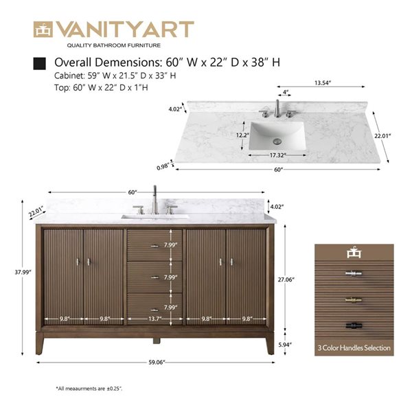 Vanity Art 60 x 22 x 38-in Walnut Single Sink Freestanding Bath Vanity with Engineered Marble Top