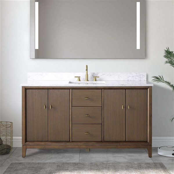 Vanity Art 60 x 22 x 38-in Walnut Single Sink Freestanding Bath Vanity with Engineered Marble Top
