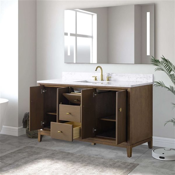 Vanity Art 60 x 22 x 38-in Walnut Single Sink Freestanding Bath Vanity with Engineered Marble Top