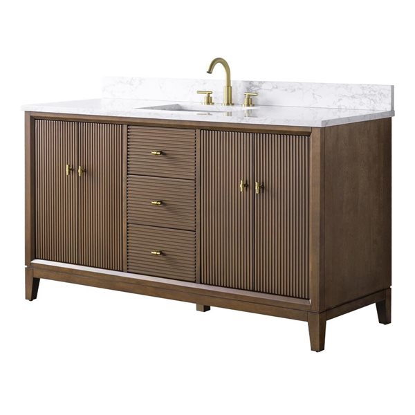 Vanity Art 60 x 22 x 38-in Walnut Single Sink Freestanding Bath Vanity with Engineered Marble Top