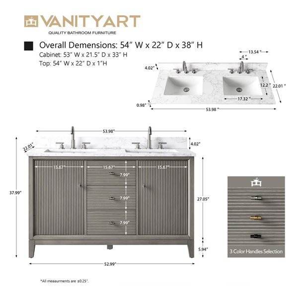 Vanity Art 54 x 22 x 38-in Driftwood Grey  Double Sink Freestanding Bath Vanity with Engineered Marble Top