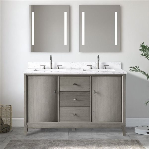Vanity Art 54 x 22 x 38-in Driftwood Grey  Double Sink Freestanding Bath Vanity with Engineered Marble Top