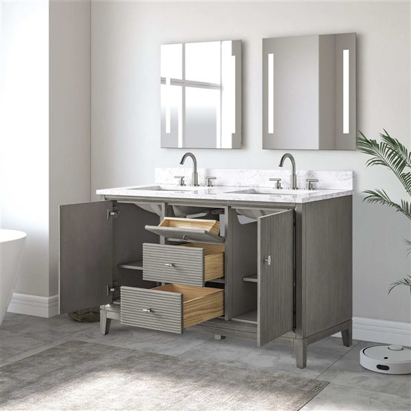 Vanity Art 54 x 22 x 38-in Driftwood Grey  Double Sink Freestanding Bath Vanity with Engineered Marble Top