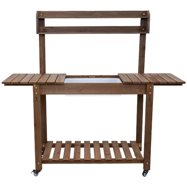 Sunnydaze Decor 39.25‑in Brown Wheeled Wood Outdoor Potting Bench with ...