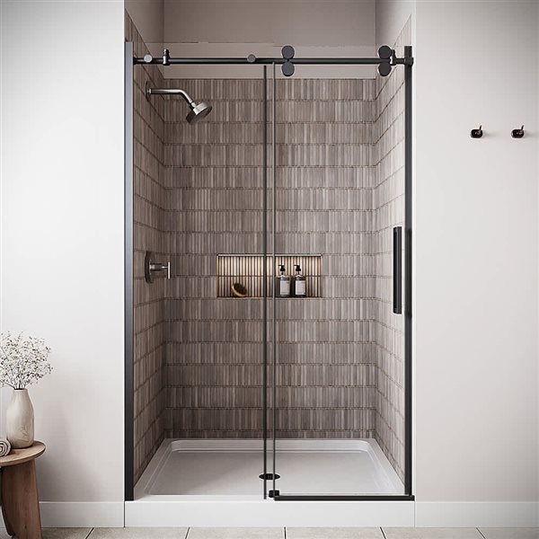 Streamline Vitravo 48 x 76-in Clear CrystalTech Glass Semi-Frameless Sliding Shower Door - Matte Black