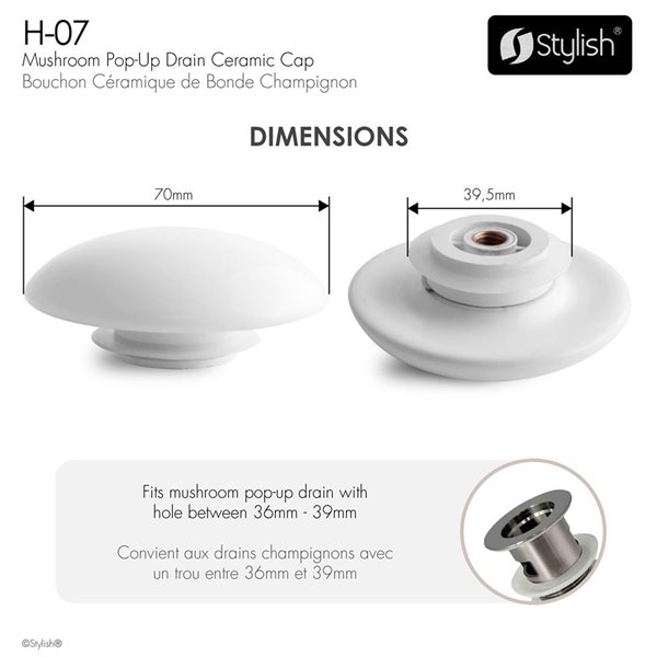 Stylish 2.75-in Pop-Up Drain w/ Ceramic Cap - White