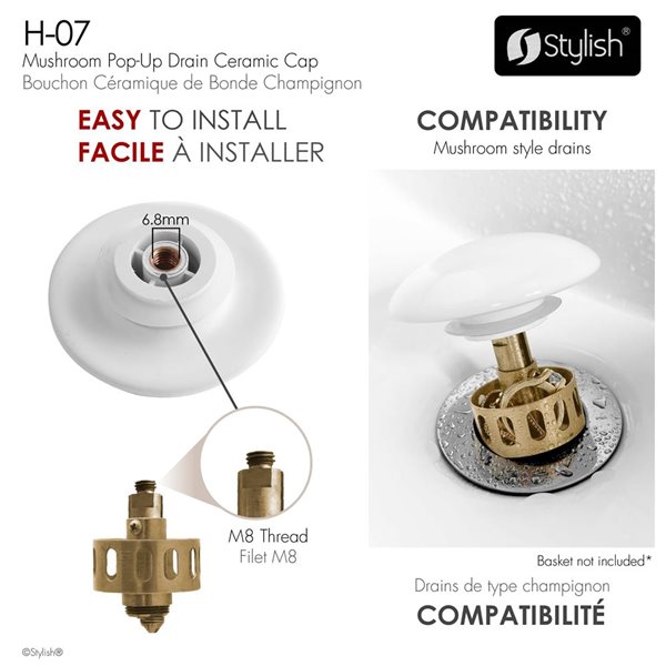 Stylish 2.75-in Pop-Up Drain w/ Ceramic Cap - White