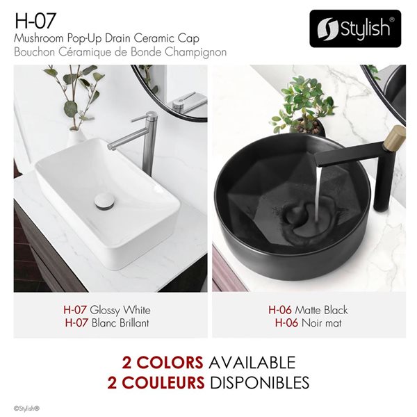 Stylish 2.75-in Pop-Up Drain w/ Ceramic Cap - White