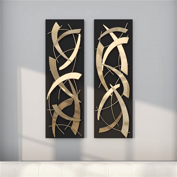 Greyson Lane Metal Abstract Dimensional Home Wall Decor w/ Black Backing - Gold - 2-Pack