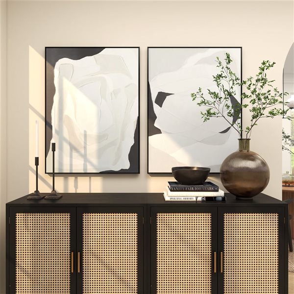 Greyson Lane Canvas Abstract Living Room Framed Wall Art w/ Black Frame - White - 2-Pack