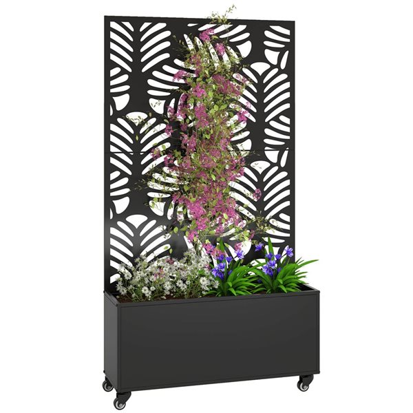 Outsunny Metal Planter Box w/ Monstera Leaf Cut-Out Trellis - Black