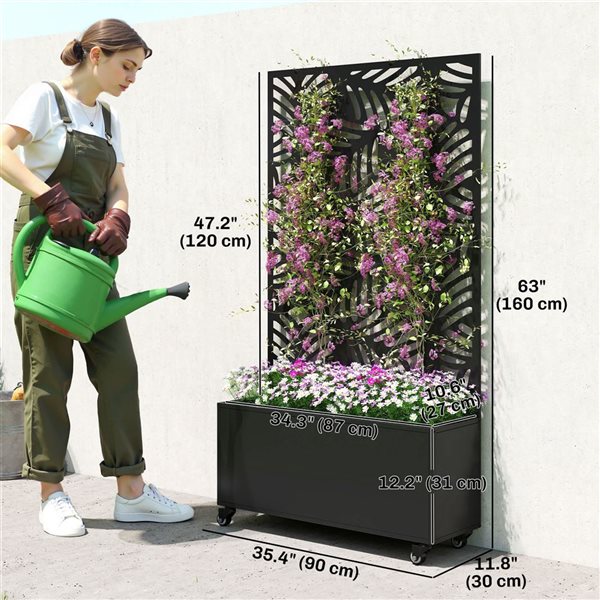 Outsunny Metal Planter Box w/ Monstera Leaf Cut-Out Trellis - Black