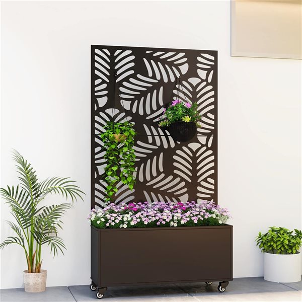 Outsunny Metal Planter Box w/ Monstera Leaf Cut-Out Trellis - Black