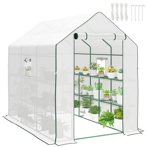 Outsunny Walk-in Greenhouse w/ 3-Level Shelving - White