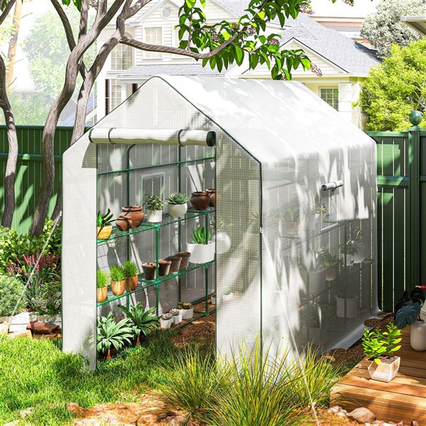 Outsunny Walk-in Greenhouse w/ 3-Level Shelving - White