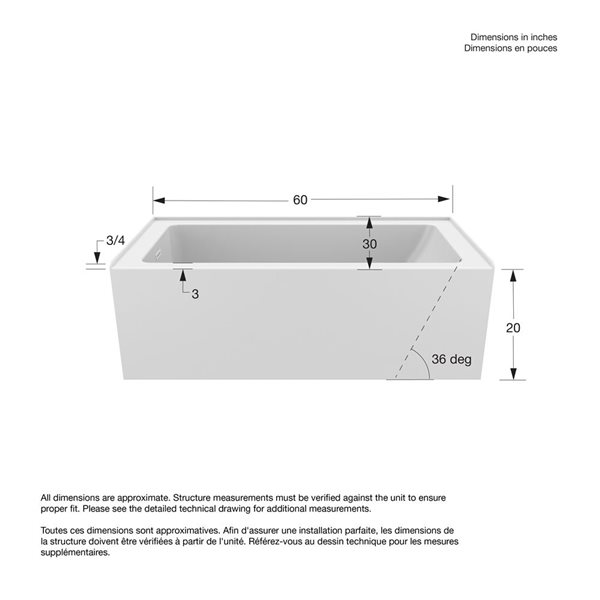 DreamLine Nevia 60 x 30-in White Acrylic Alcove Left-Hand Drain Bathtub with Linear Overflow