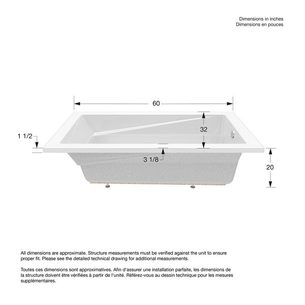 DreamLine Amavi 60 x 32-in White Acrylic Drop-in White End Drain Bathtub
