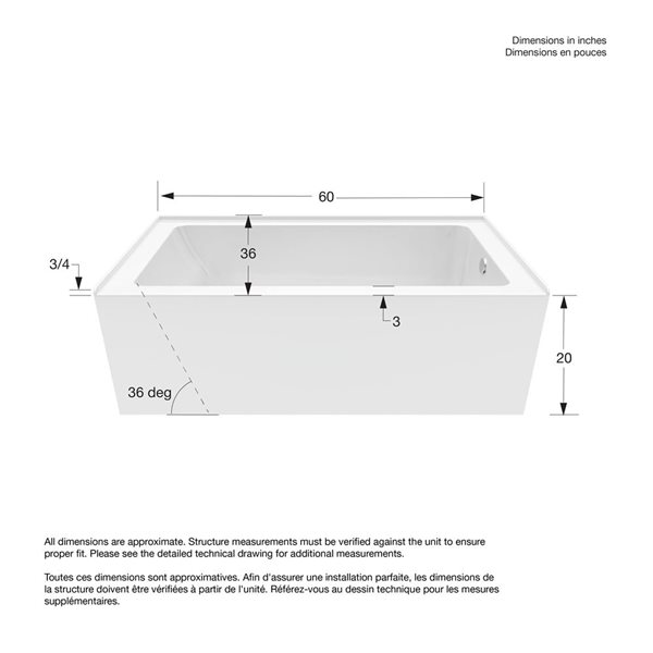 DreamLine Nevia 60 x 36-in White Acrylic Alcove Right-Hand Drain Bathtub