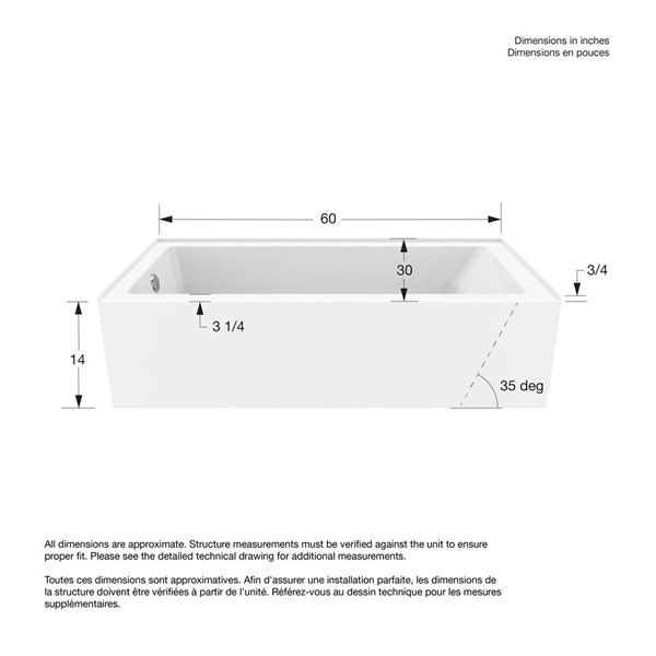 DreamLine Adana 60 x 30-in White Acrylic Alcove Left-Hand Drain Bathtub