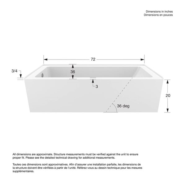 DreamLine Nevia 72 x 36-in White Acrylic Alcove Left-Hand Drain Bathtub