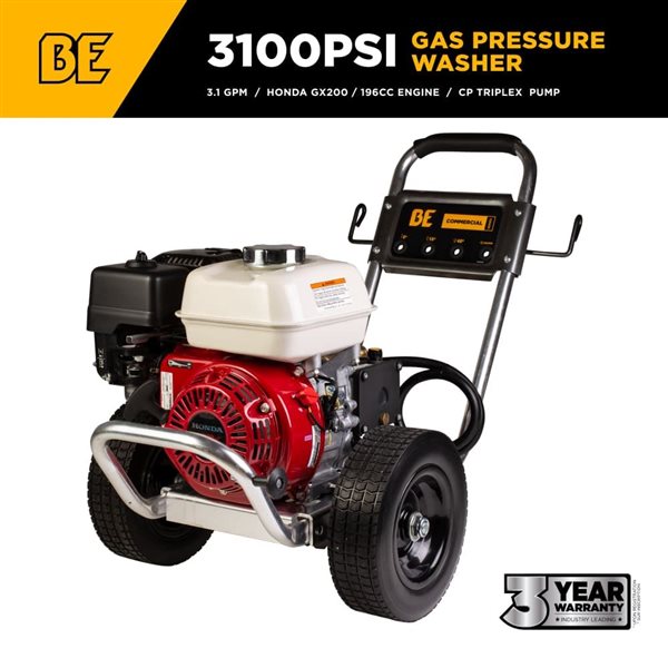 BE Power Equipment 3100-PSI 3.1-GPM Cold Water Gas Pressure Washer with Honda GX200 Engine
