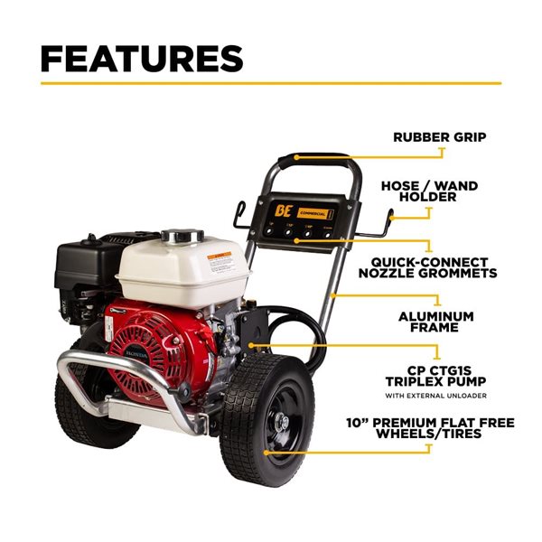 BE Power Equipment 3100-PSI 3.1-GPM Cold Water Gas Pressure Washer with Honda GX200 Engine