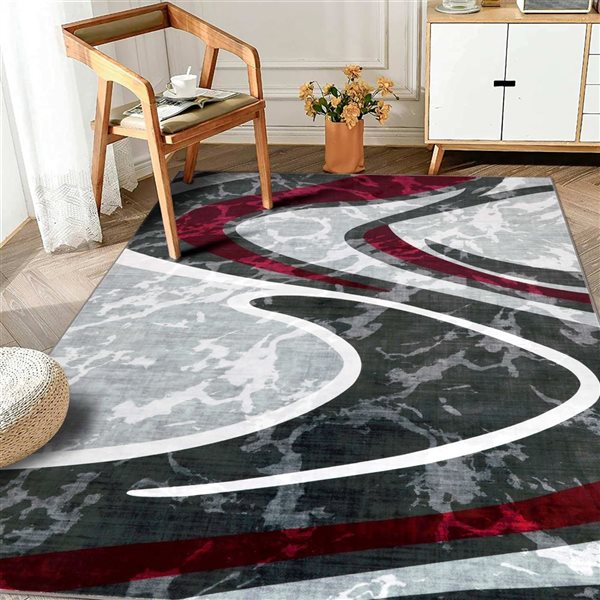 Marina Decoration Area Rug 5 x 7-ft w/ Non-Slip Rubber Backing and Marbled Design - Grey/Silver/Burgundy