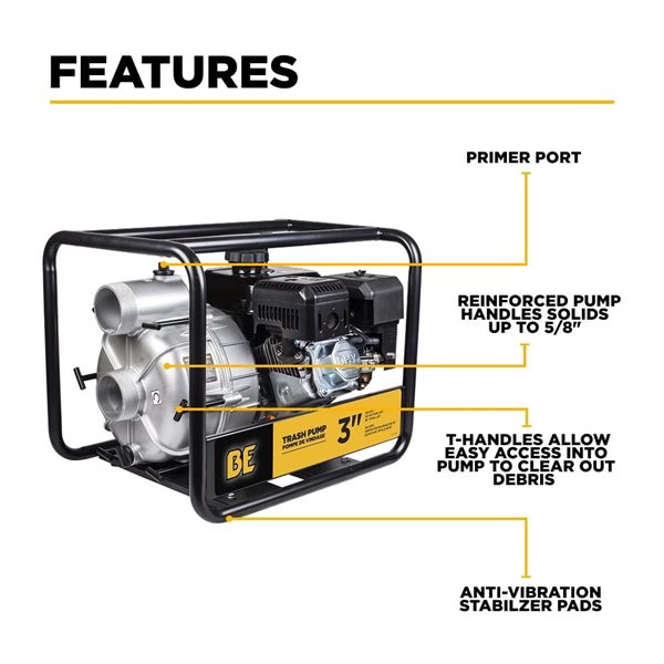 BE Power Equipment 3-in Aluminum Semi-Trash Transfer Pump with Powerease 225 Engine
