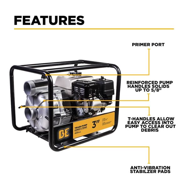 BE Power Equipment 3-in Aluminum Semi-Trash Transfer Pump with Honda GX200 Engine