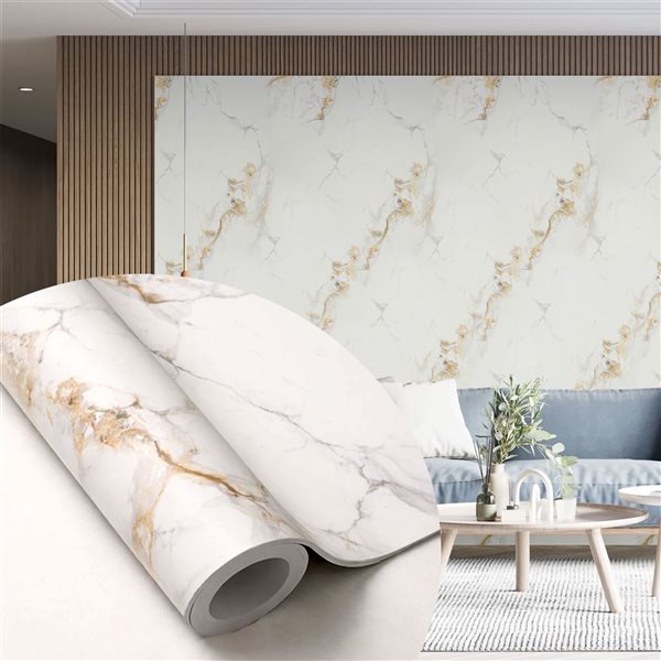Dundee Deco 17‑ft² 24‑in x 9‑ft White, Grey Gold Veins Faux Marble Peel & Stick Wallpaper Panel