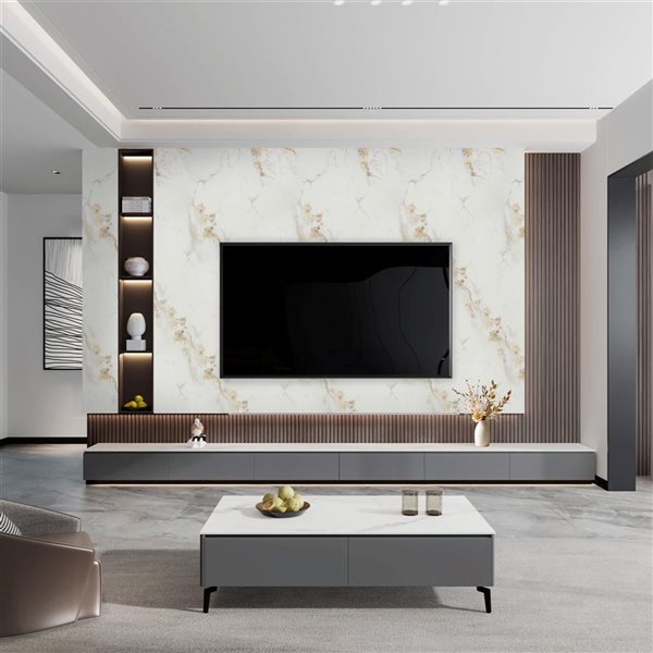 Dundee Deco 17‑ft² 24‑in x 9‑ft White, Grey Gold Veins Faux Marble Peel & Stick Wallpaper Panel