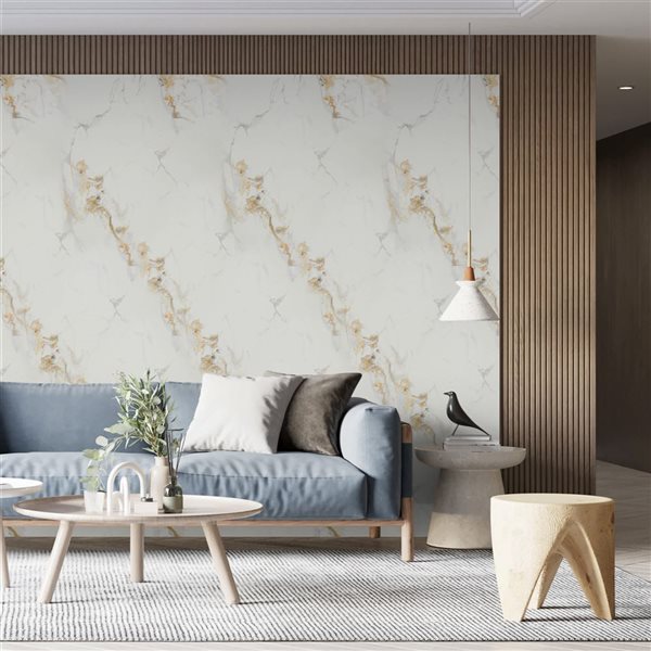 Dundee Deco 17‑ft² 24‑in x 9‑ft White, Grey Gold Veins Faux Marble Peel & Stick Wallpaper Panel